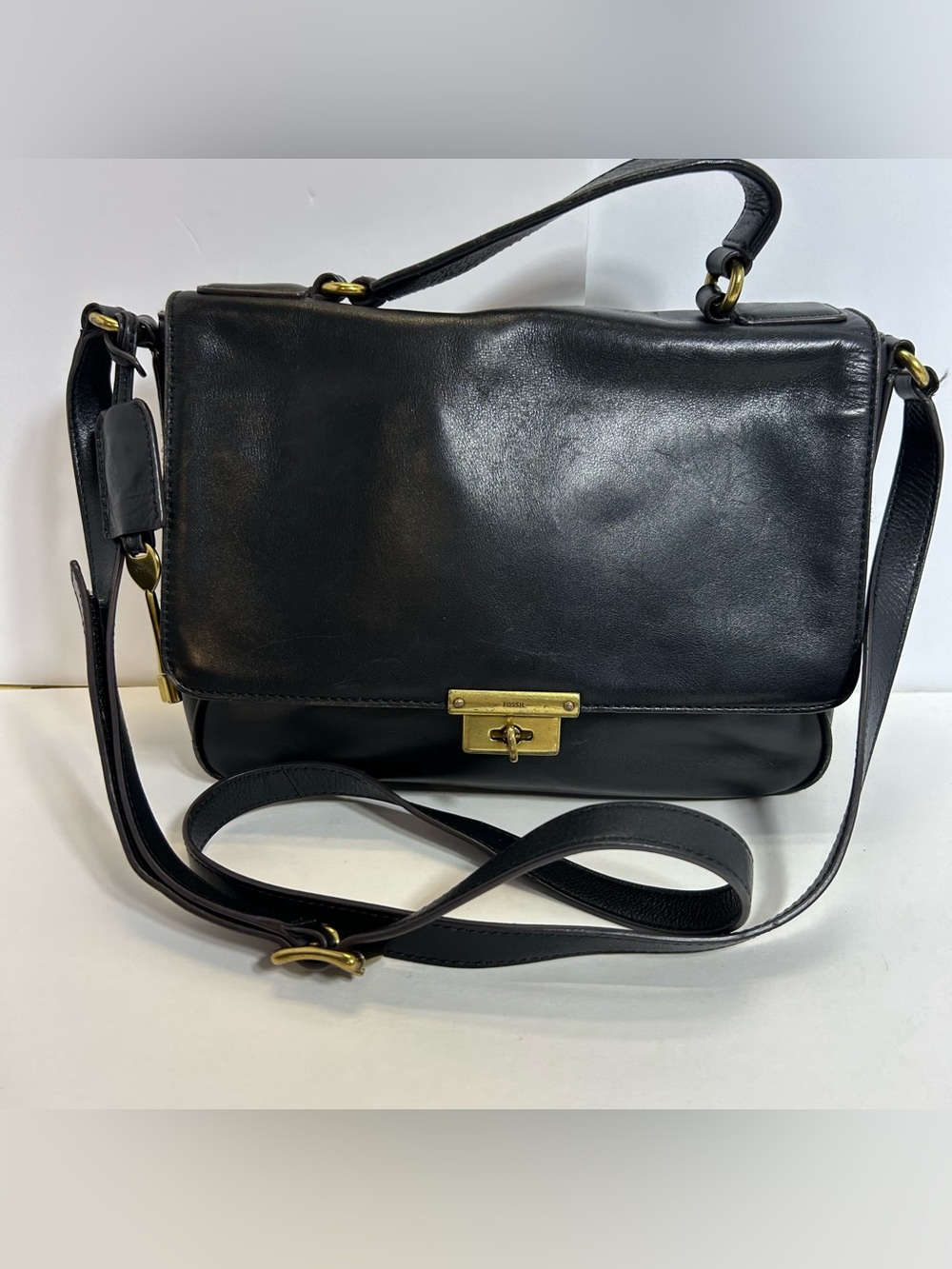 Fossil Black Memoir Flap Leather Crossbody Shoulder Bag Turnlock Clean